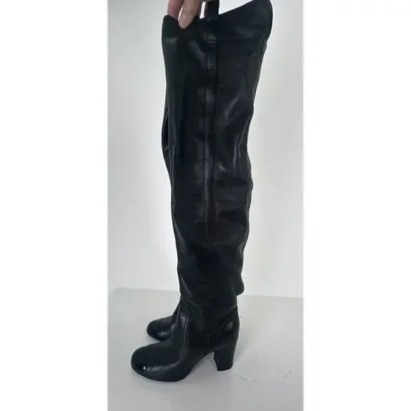 ⭐️ Chanel Black Leather Cap Toe Over The Knee Boots Sz 37 / 7 - Picture 1 of 16